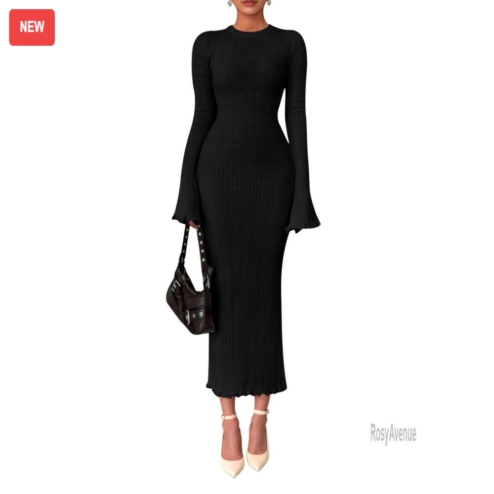 Ribbed Knit Bodycon Maxi Dress, Bell Sleeves, Oeko-Tex Certified